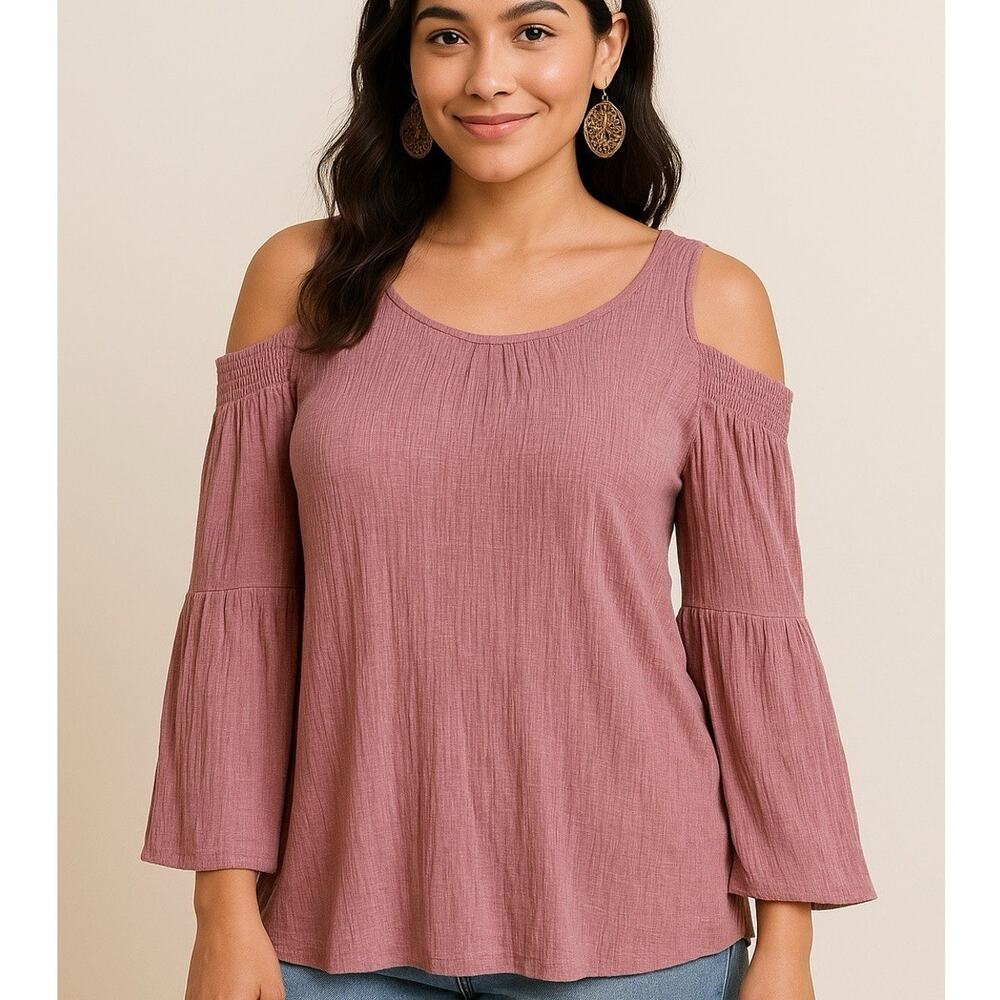 Pleione Mauve Cold Shoulder Blouse XL Boho Soft Girl Cottagecore Top